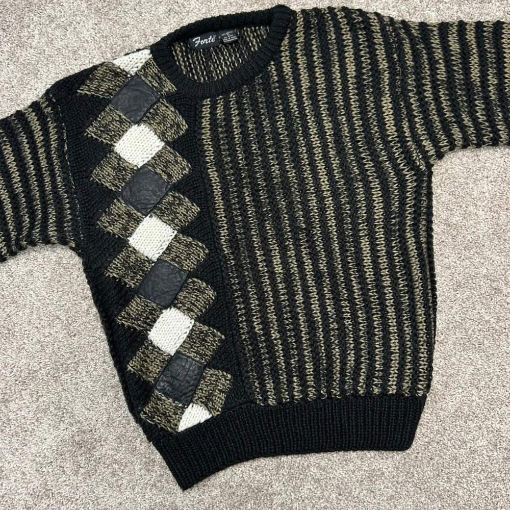 Vintage Forte Crewneck Sweater Men Size Small Leather Accents‎ 90s Stripe